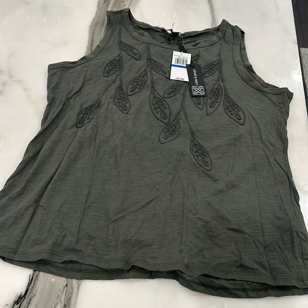 Cable & Gauge Olive Sleeveless Embroidered Sleeveless Top-XL - Picture 6 of 11